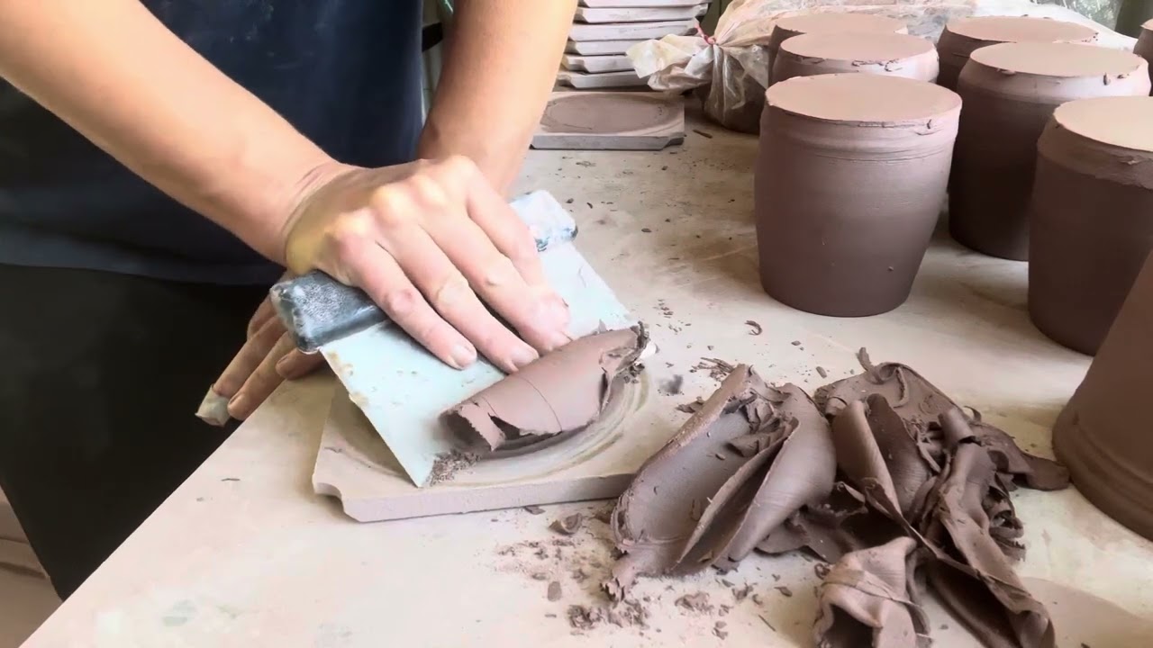 Satisfying scraping clay off of bats ASMR pottery studio