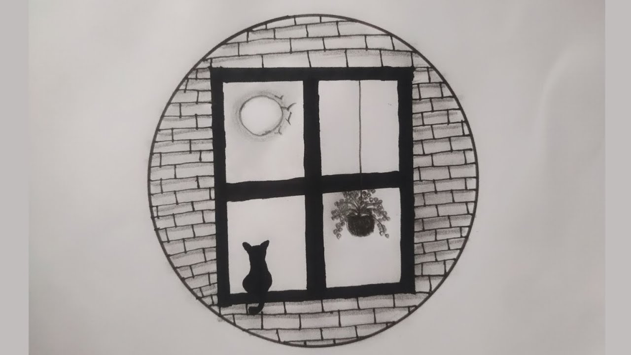 Easy Cat in a window pencil sketch step by step 🐈🖤  