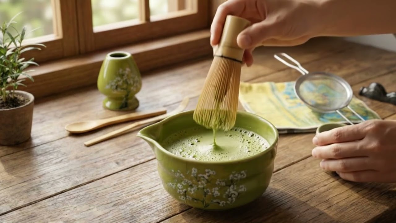 Matcha Whisk Set, Japanese Ceramic Bowl, Bamboo Chasen, Spoon Rest, Sifter, Scoop, Holder & Towel