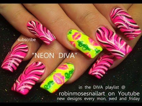 Black and White Zebra Print on Neon Pink Nails Design Tutorial