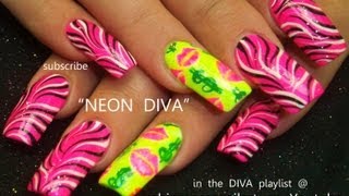 neon pink nails zebra