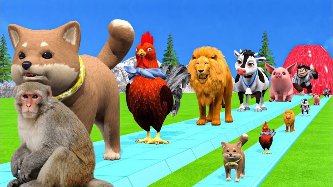 5 Giant Duck Cartoon,Cow,Elephant,Tiger,Dinosaur,Paint Wild Animals Crossing Fountain Animation z171