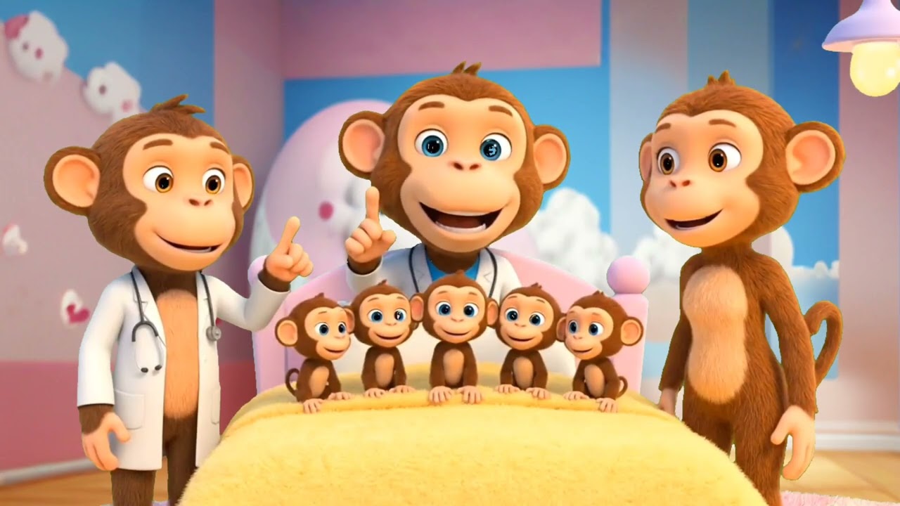 Five Little Monkeys Jumping Fun!A Five Little Pups Rhyme#trending