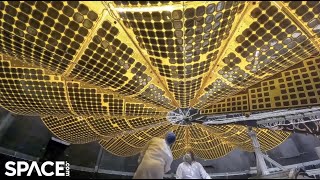 NASA Lucy spacecraft's circular solar arrays deployed in vacuum chamber
