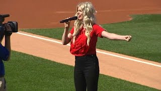 Julianna zobrist, ben zobrist's wife, sings the national anthem before
start of game at wrigley field check out http://m.mlb.com/video for
our full a...