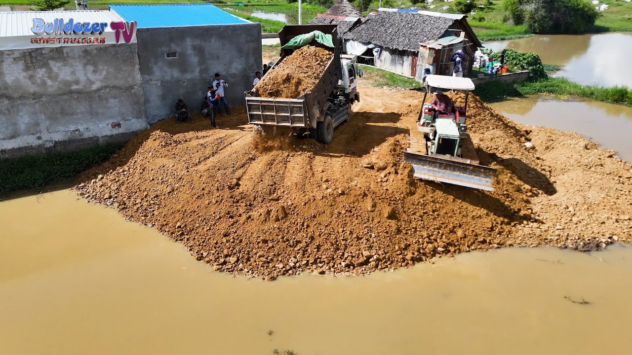 OH Just Landfilling Task! Hard Work Of Bulldozer Push Deleting Farm Land With Trucks Dumping