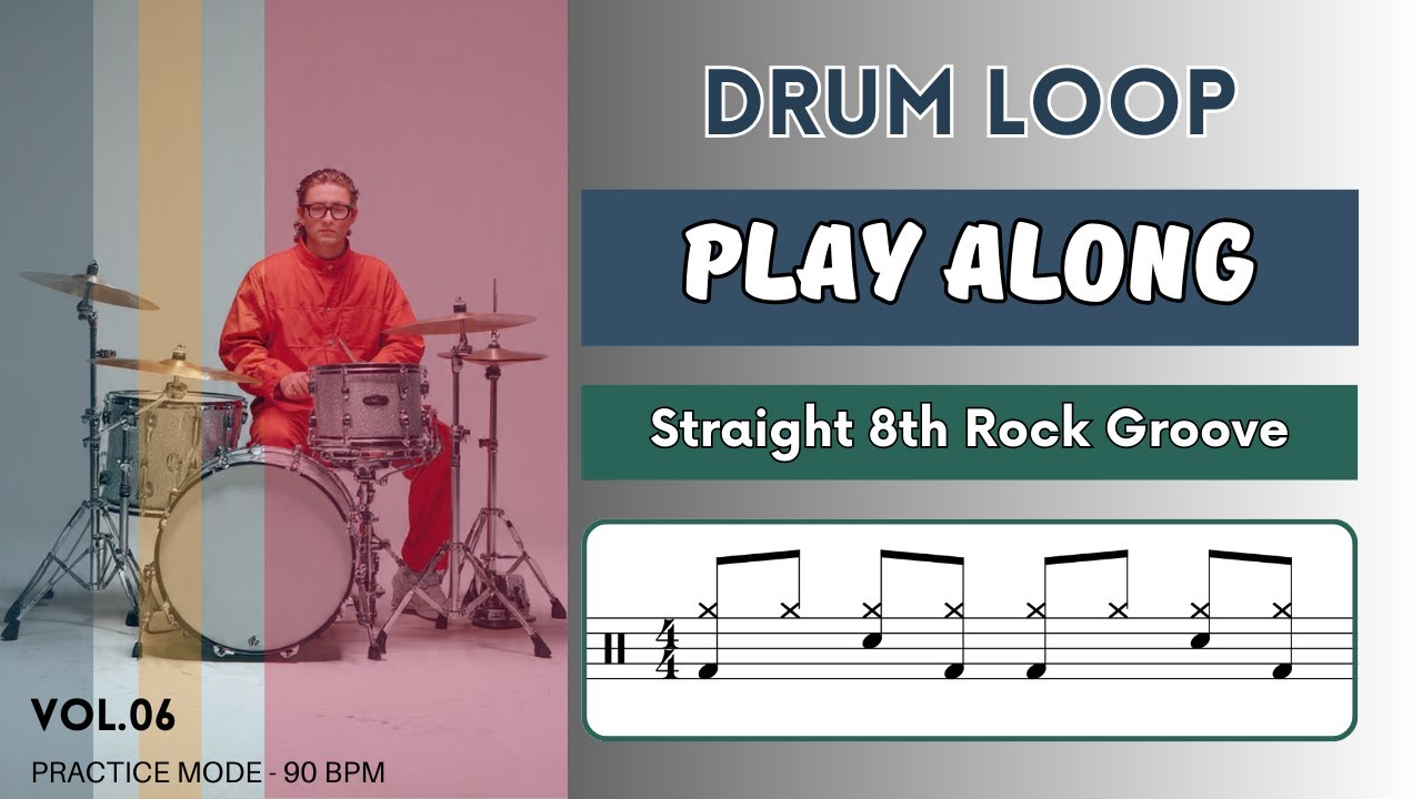 Straight 8th Rock Groove | Drum Loop to Play Along | 90 BPM | Drum Beats | Vol.06