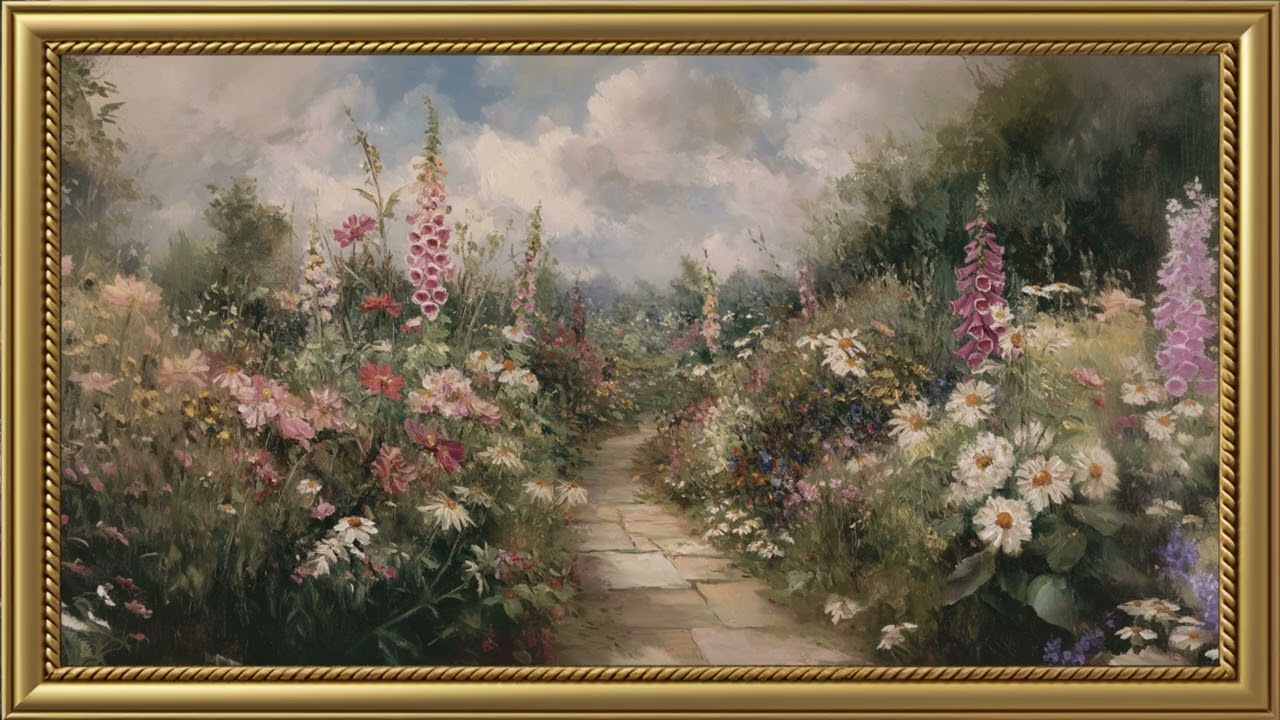 Vintage Garden Path of Blooming Flowers Painting | Gold Frame TV Art | Art Screensaver for TV 2 Hrs