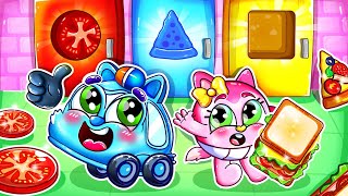 The Food Shape Song🎁Mystery Food Door Song 🚓🚗🚌🚑+More Nursery Rhymes by Baby Cars & Friends