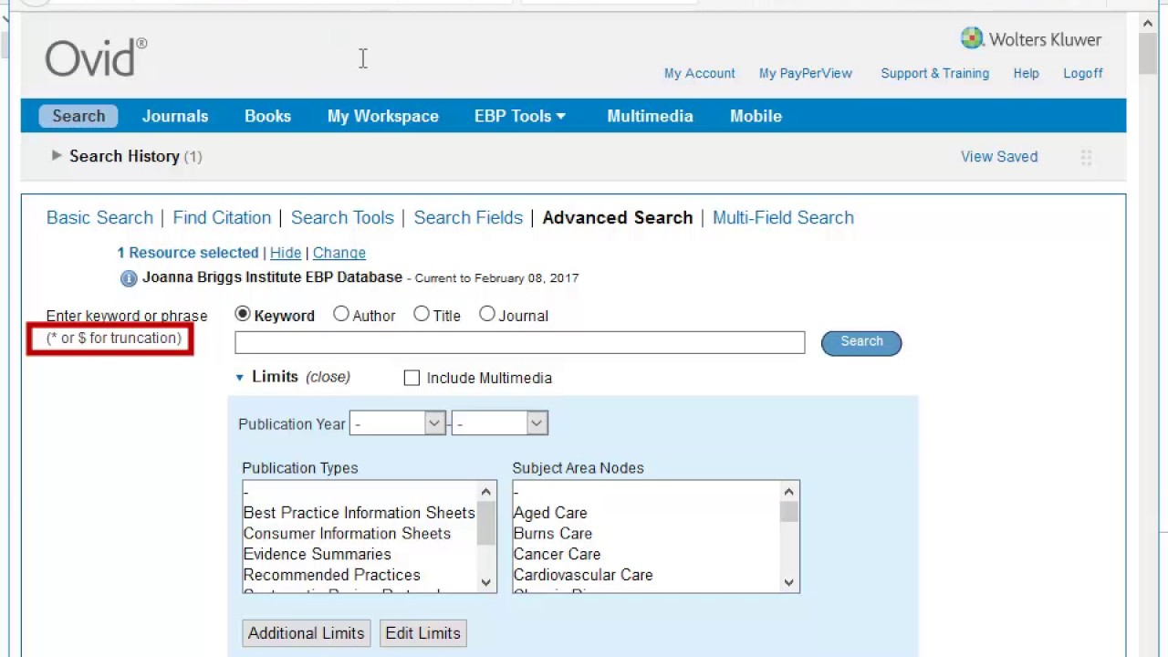 JBI EBP Database. Ricerca avanzata. 5/8 — Transcript