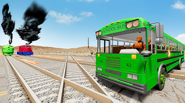 Trains vs Lava Crossing Road and Double Rails Tractor Rescue Stuck Cars and Buses   BeamNG Drive 024