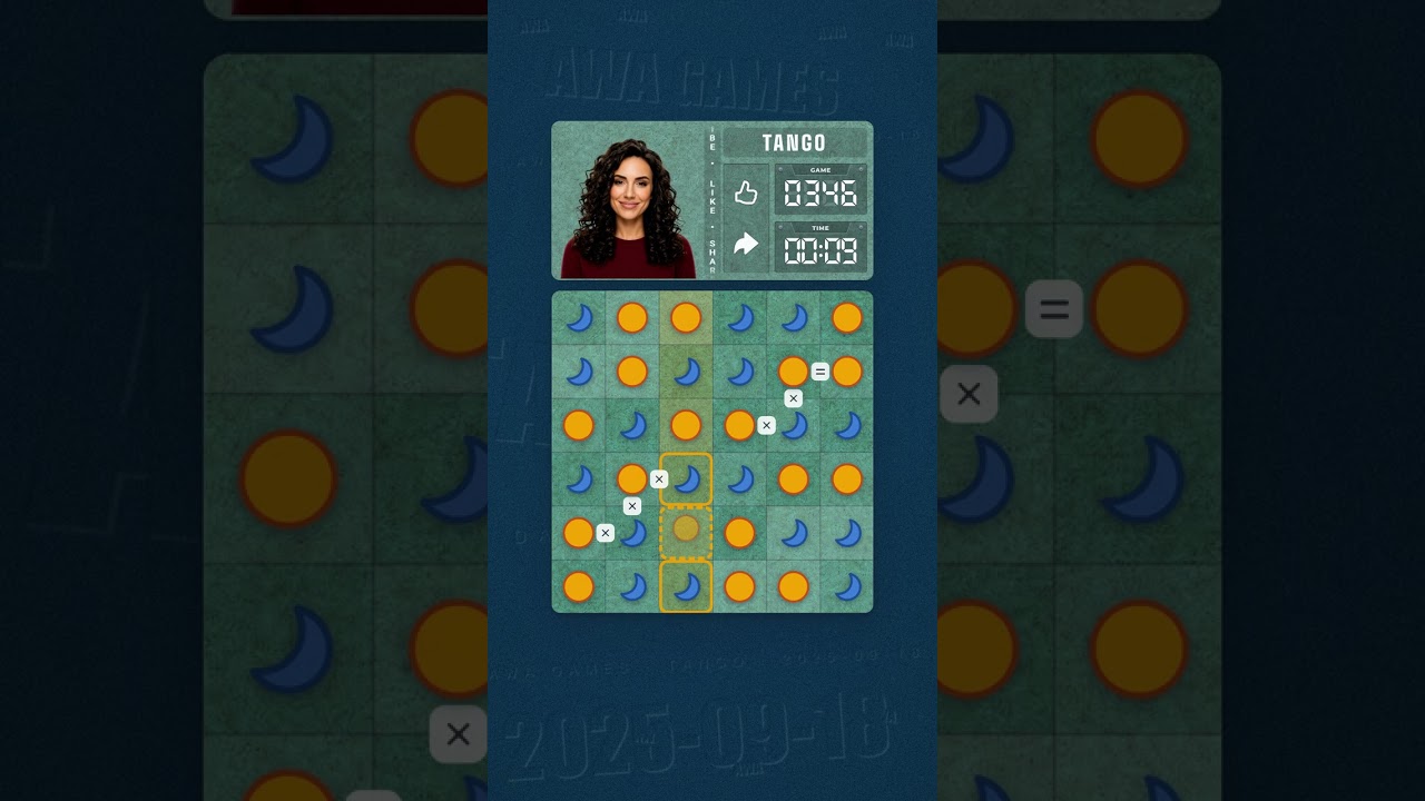 LinkedIn Tango #346 solved board for September 18, 2025, 6x6 grid