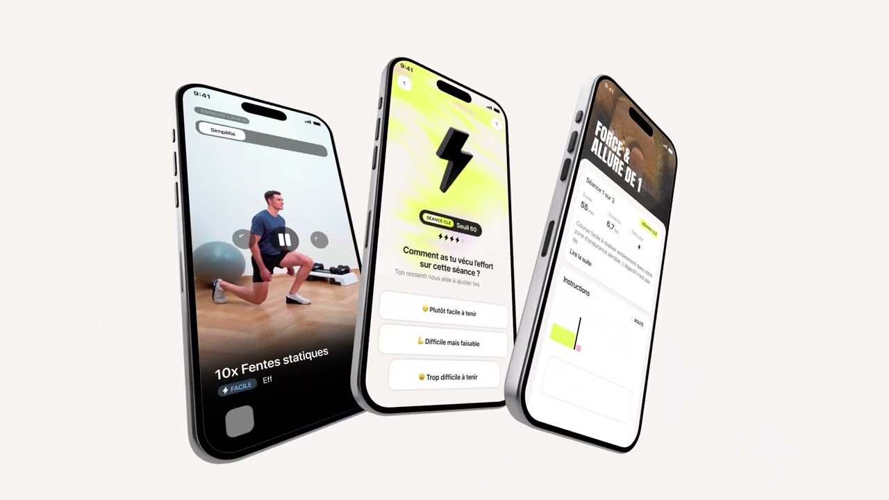 Three tilted phones showing the Campus Coach app: a strength exercise on video, the question asked after a session, and the detail of a threshold session.