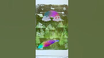Gelli Plate Scene Using Stamps with Holographic Vinyl Rainbow & Lake #gelliplate #rainbow #crafting