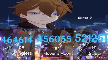 R1 Aqua Simulacra vs R5 Stringless vs R4 Mouun’s Moon bow | Tartaglia Childe Burst Nuke Dmg Test