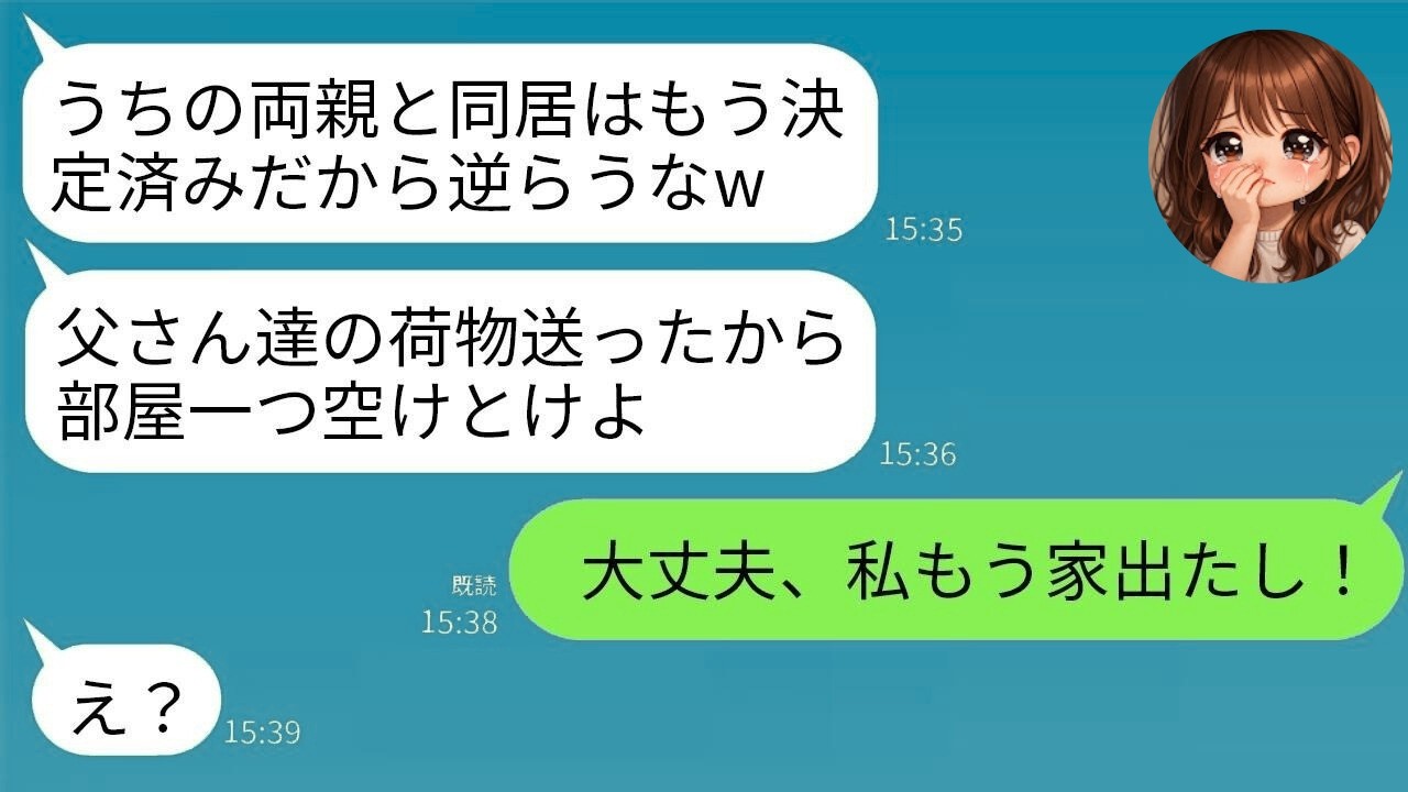 【LINE】結婚式翌日に勝手に義両親との同居を決めた夫「荷物送ったから部屋空けておいてねw」私「大丈夫、私が家を出たから！」→空っぽの家を見た夫が青ざめた理由www