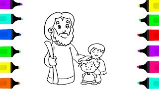 Drawing Jesus With Children coloring pages for kids\Learn to Draw and color it