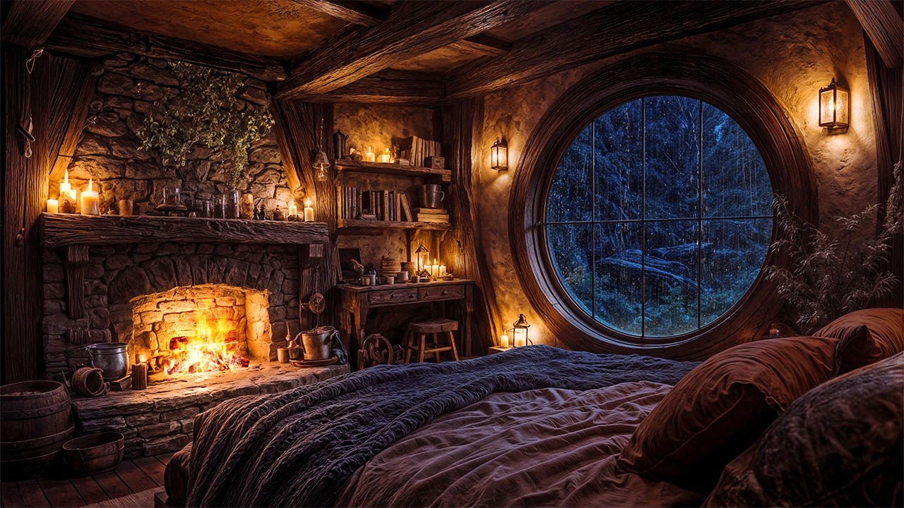 Hobbit Evening Bedroom – Rain on Window, Soft Thunder & Fireplace (10 Hours, 4K)