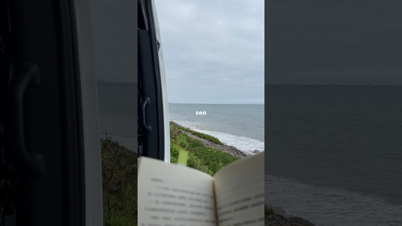 Reading a book by the ocean in my van 🚐 