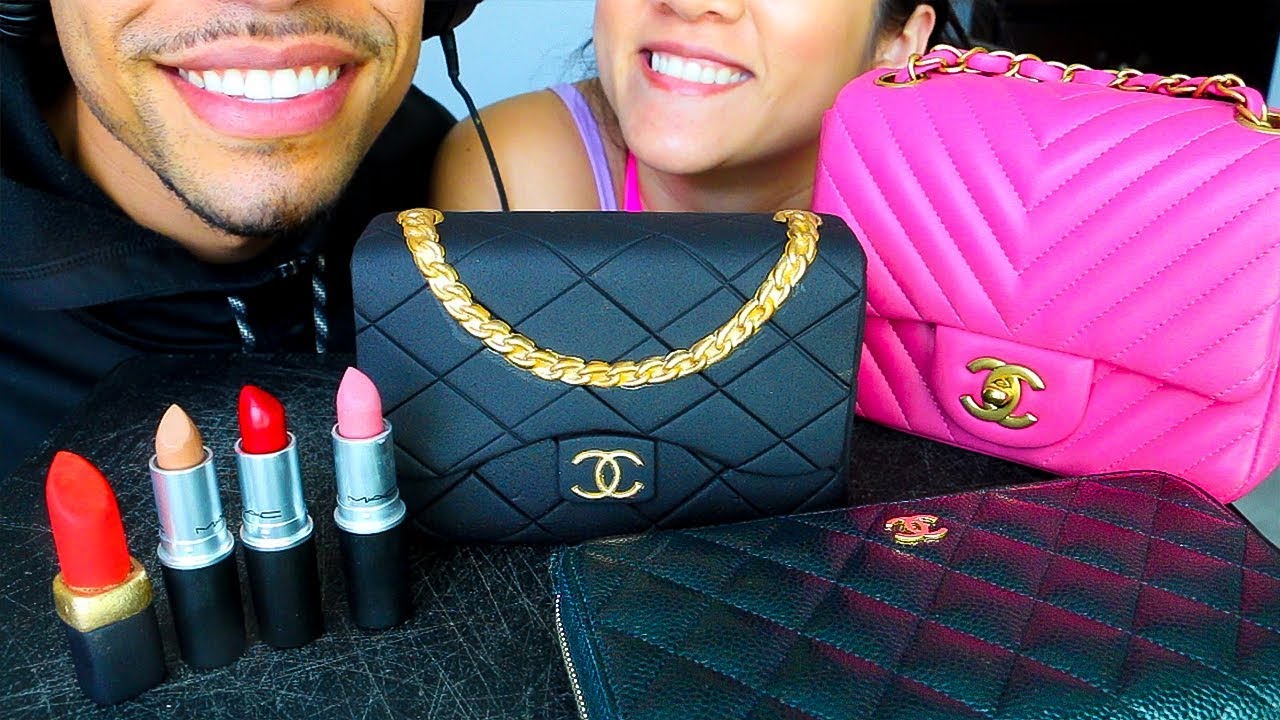 ASMR EDIBLE CHANEL BAG & LIPSTICK *EATING MY WIFE PURSE MAKEUP MOUTH SOUNDS JERRY MUKBANG NO TALKING