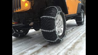 Jeep Rubicon with tire chains vs steep snow covered hill - YouTube