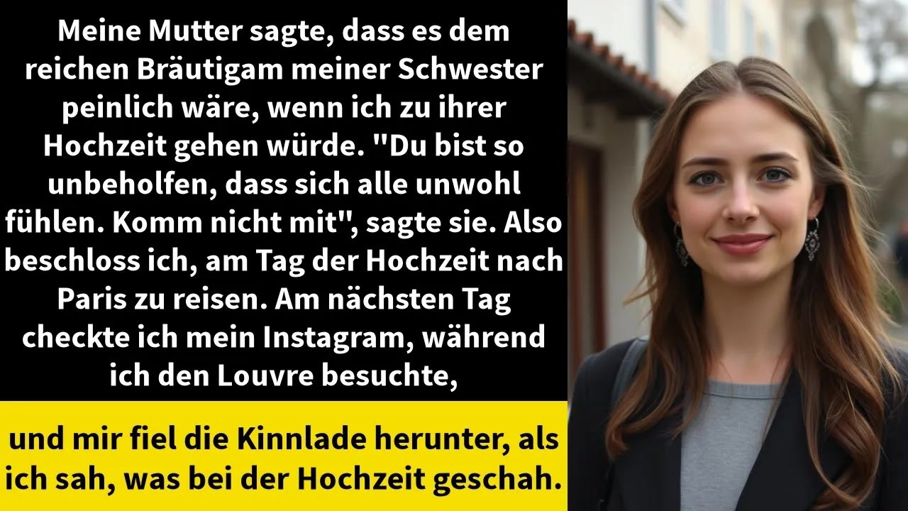 Meine Mutter rief mich drei Tage vor der Hochzeit meiner Schwester an und sagte: „Du bist so unbeholfen, dass sich alle unwohl fühlen. Komm nicht mit.“ Also flog ich nach Paris, um dem ganzen...