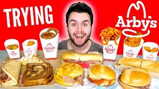 TRYING ARBY'S WHOLE MENU! - Meat Sandwiches, Curly Fries, & MORE Fast Food Mukbang Taste Test!