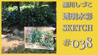 水彩画 「あっ、ちょっ、お…」 038 透明水彩お散歩ミニスケッチ「紫陽花咲くせせらぎにて