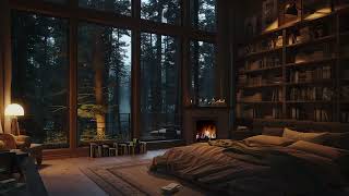 Midnight Thunderstorms & Heavy Rainfall 🌧️ Cozy Bedroom with Fireplace Cracklings for Sleep Session
