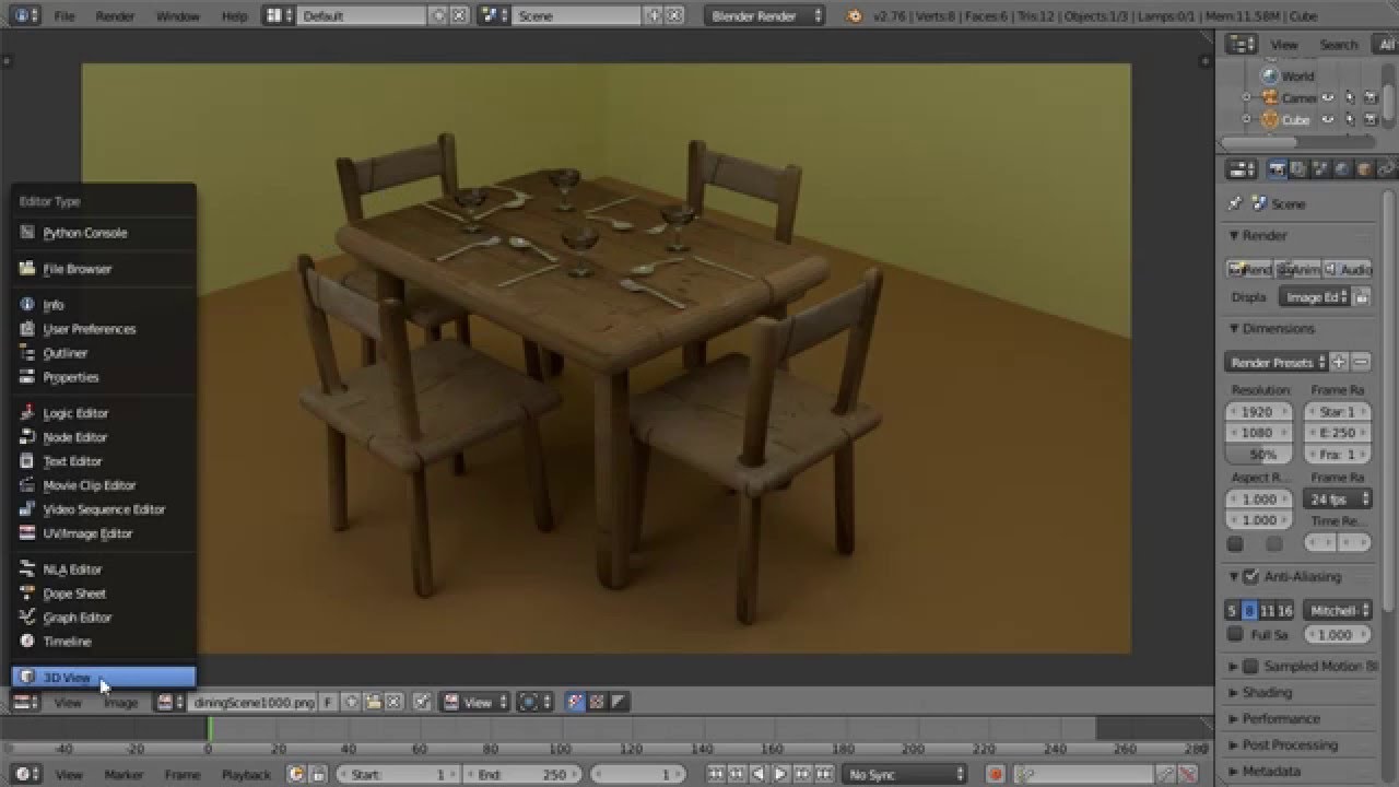 Blender Dinner Table Scene Furniture Cutlery And Glasses Wood