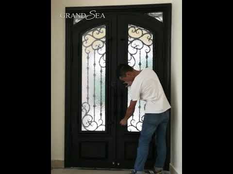 Residential exterior wrought iron double security entry front