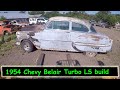 1954 Chevy Bel Air Turbo LS build Part 1 working on the motor and pulling the car in the shop