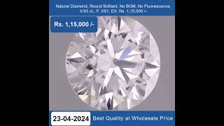 Natural Diamond, Round Cut , 0.63 ct, F Color, VS1 Clarity, No BGM , Rs.1,15,000 /-  +91-7678337365