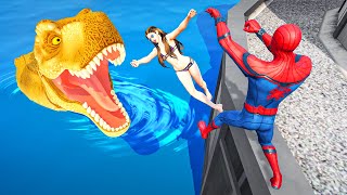 GTA 5 WATER SLIDES | Spiderman vs T-Rex Ep.87 | Water Ragdolls [Euphoria Physics]