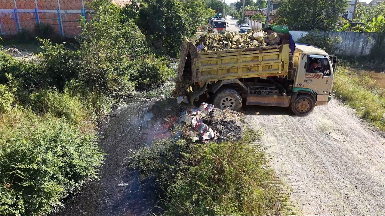 Full Video Starting A New Project!Dump Truck Filling Rock Canal Space,By Bulldozer D20 Pushing Stone