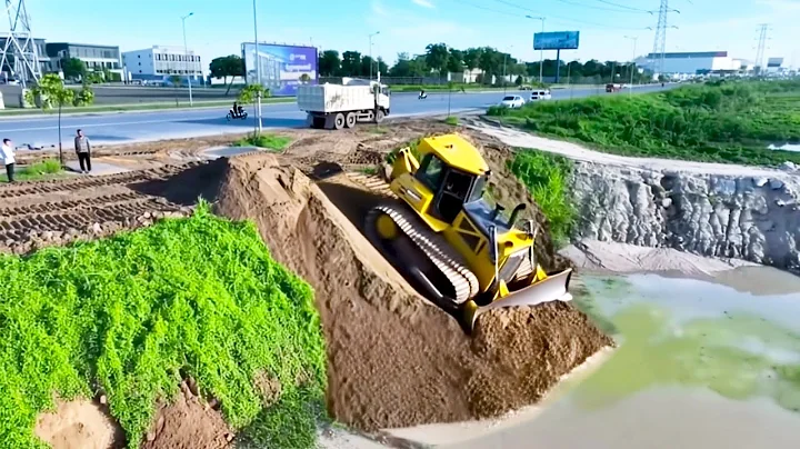 OMG!! First Start new project Bulldozer Extremely Sand Filling Up Deep Water and DongFeng Truck