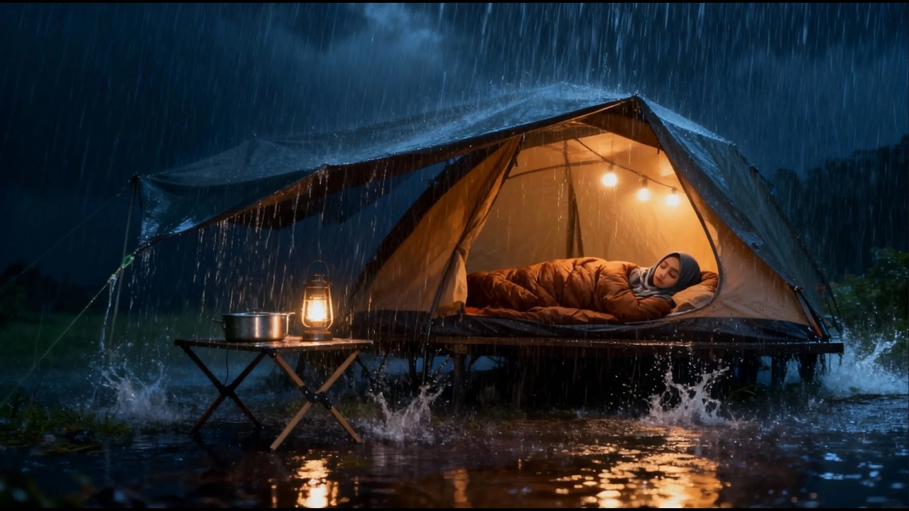 camping alone in the middle of the forest with heavy rain and lightning | struggling to set up  tent