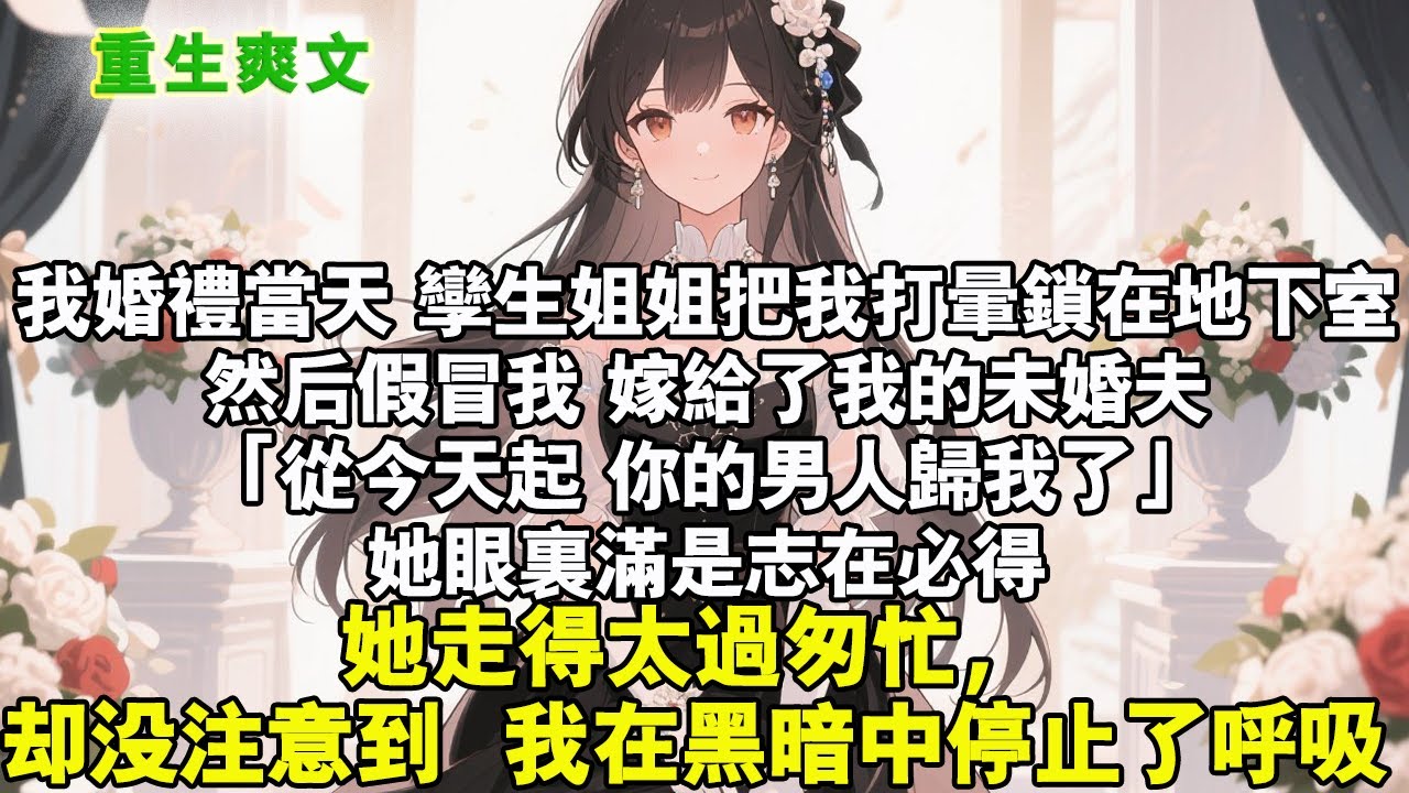 我婚禮當天，雙胞胎姊姊把我打昏鎖在地下室。然後假冒我，嫁給了我的未婚夫。「從今天起，你的男人歸我了」她眼裡滿是志在必得。她走得太過匆忙，卻沒注意到我在黑暗中停止了呼吸。#重生 #爽文 #小说 #完結文