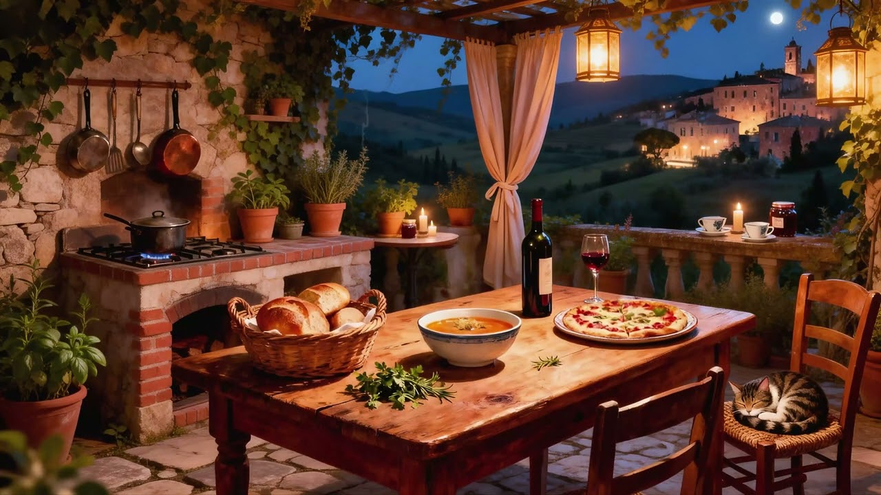 Vintage Jazz 1950s Countryside Night | Cozy Italian Terrace & Warm Lantern Glow