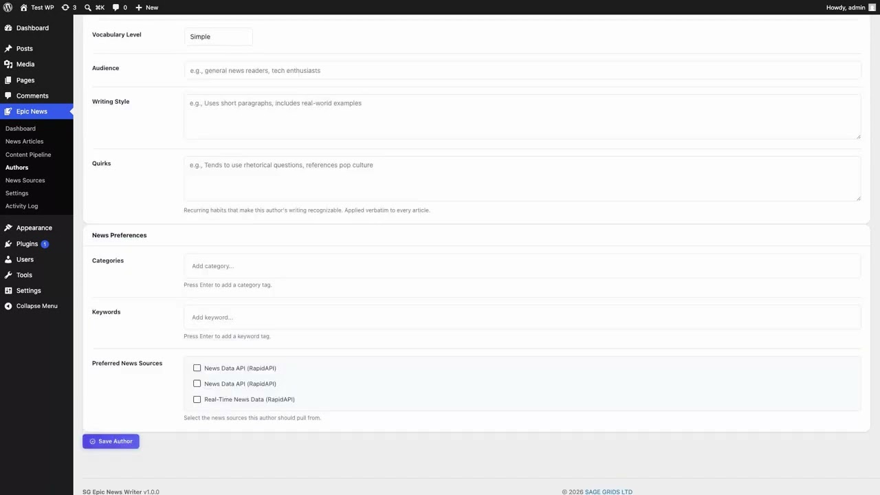 SG Epic News Writer for WordPress features walkthrough preview