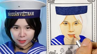 Cách vẽ chân dung mini Mèo Simmy hoá trang thành bộ đội hải quân Việt Nam
