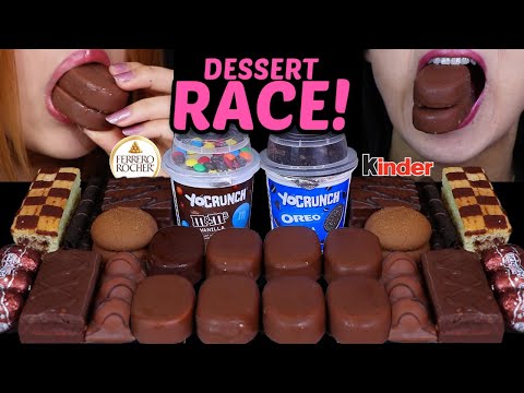 ASMR LEFTOVER DESSERT RACE! M&MS & OREO DESSERT CUPS, TICO ICE CREAM, MINI KINDER EGGS, FERRERO 먹방