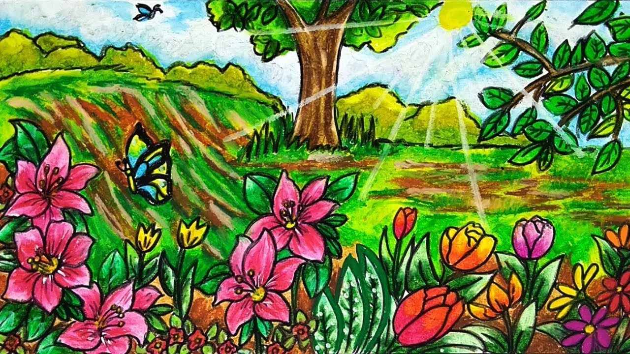 Cara Menggambar Dan Mewarnai Kebun Bunga Gradasi Warna Oil Pastel Youtube Kebun Bunga Menggambar Bunga Taman Bunga