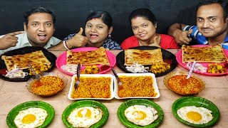 SPICY MAGGI EGG POUCH MUGHLAI PARATHA POTATO CURRY EATING CHALLENGE // food family & more