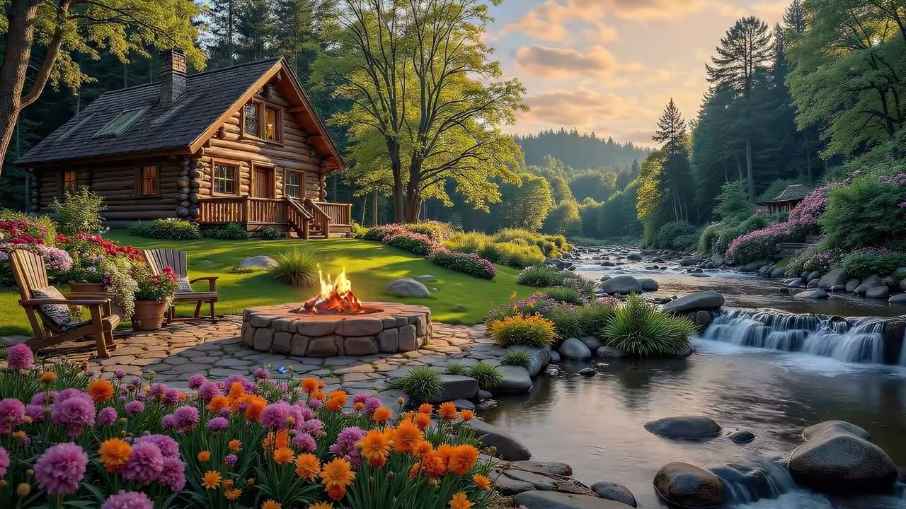 Cozy Cabin Peaceful Morning at a Riverside 🌿 Cozy Crackling Fire Pit with Soothing Piano, Birdsong