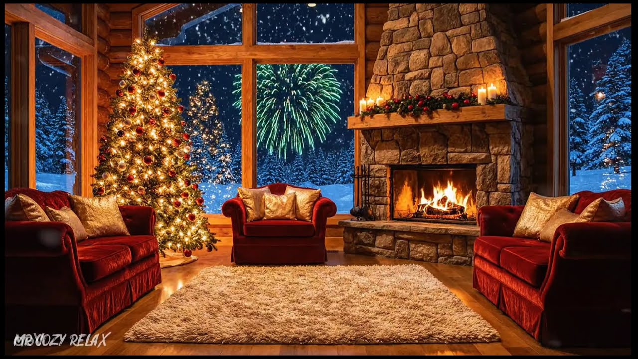 Cozy Christmas Cabin Fireplace 🔥🎄 Smooth Jazz Piano | Winter Night Relax & Sleep