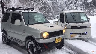 ジムニーと軽トラでスノーアタック！　予想通りのたかぽん号スタック(笑）　　JB23 ジムニー ハイゼット 林道 雪道 TOYO OPEN COUNTRY R/T 雪上