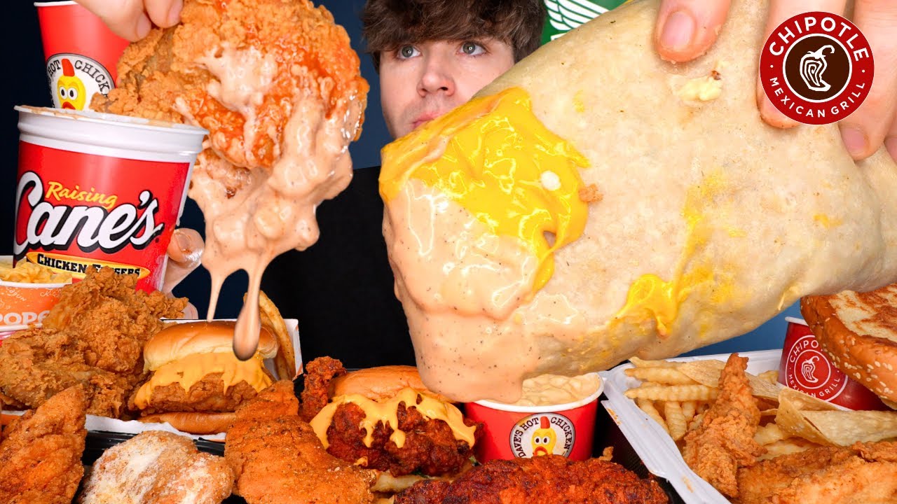 ASMR MUKBANG EXTRA CANES SAUCE GIANT CHIPOTLE BURRITO POPEYES CHICKEN BURGERS & FRIES | WITH CHEESE