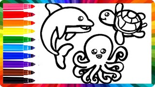 How to Draw A Dolphin,a Turtle, and an Octopus 🌊🐬🐢🐙🌈Draw and Color Marine Animals| Drawings for Kids