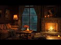 Rainy night in cozy room ambience with soft jazz music  heavy rain crackling fireplace to sleep 4k